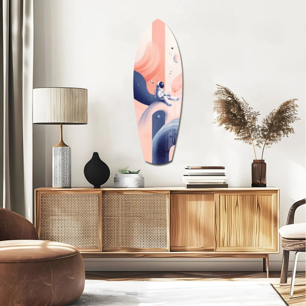 Pastel pink and blue tempered glass art of cosmic surfer astronaut floating among planets