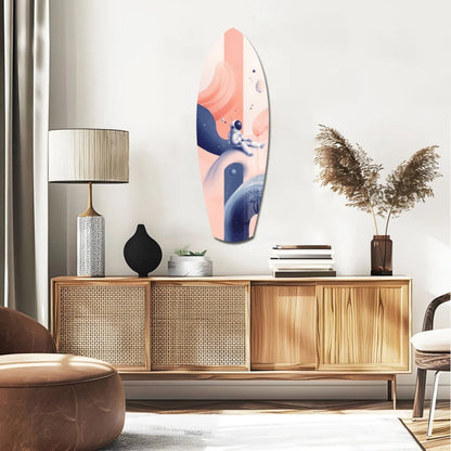 Pastel pink and blue tempered glass art of cosmic surfer astronaut floating among planets