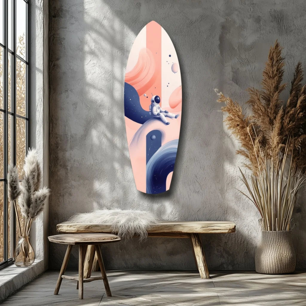 Whimsical astronaut in cosmic waves on tempered glass art