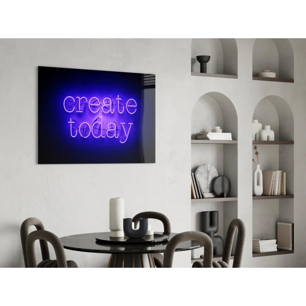 Purple glowing Create Today neon glass wall art sign in modern interior