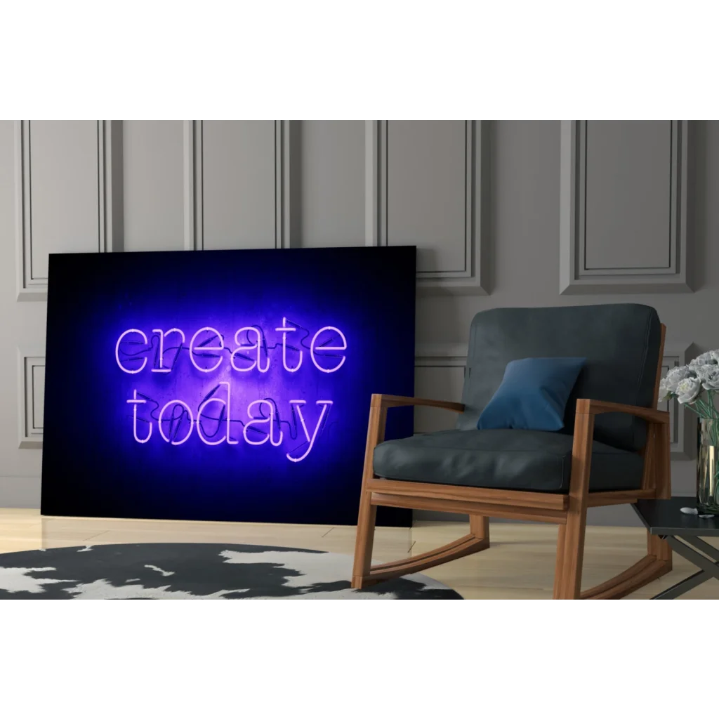 Purple neon cursive Create Today glass wall art sign