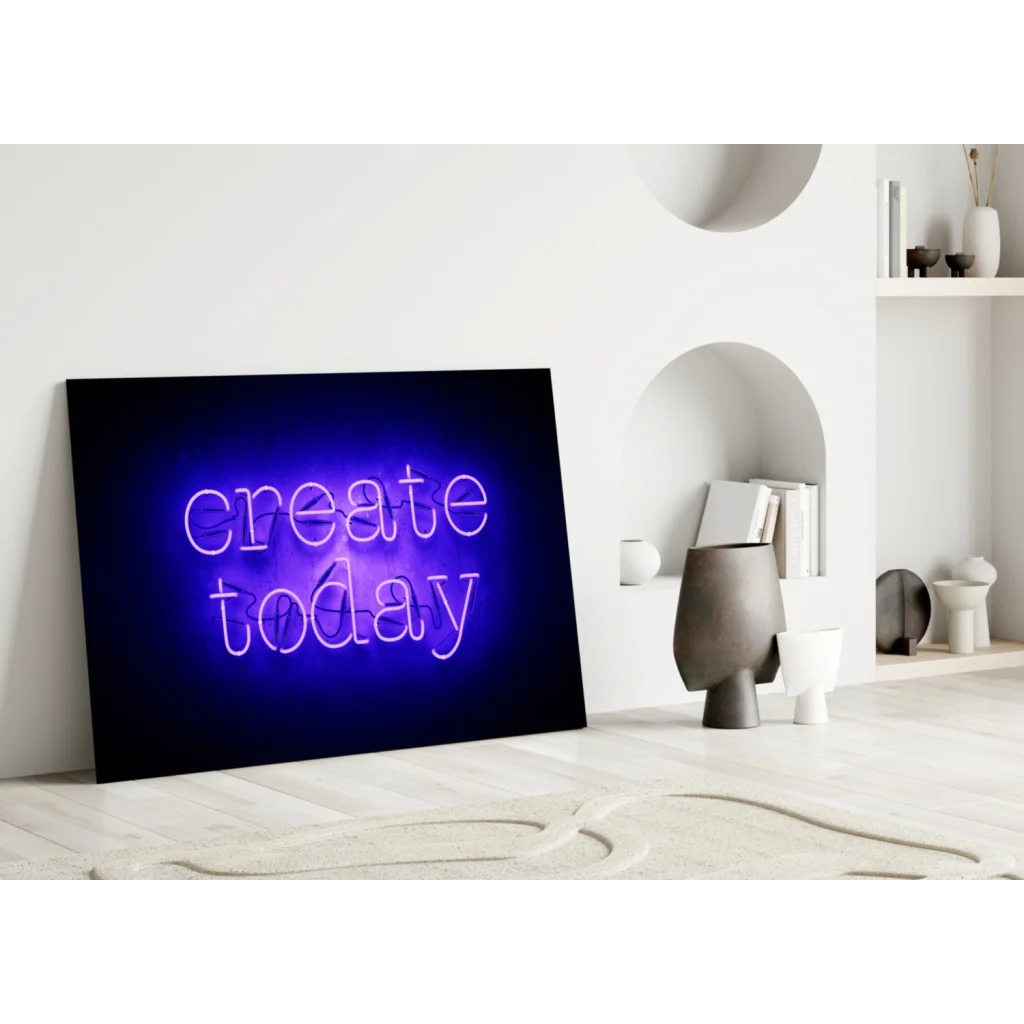 Purple neon glass wall art sign with glowing white Create Today lettering