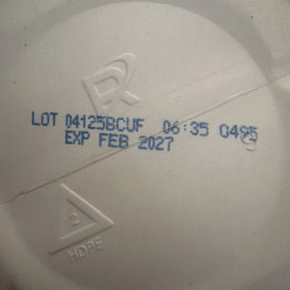 Creatine monohydrate lid with rx symbol, lot, exp 02/2027 in blue