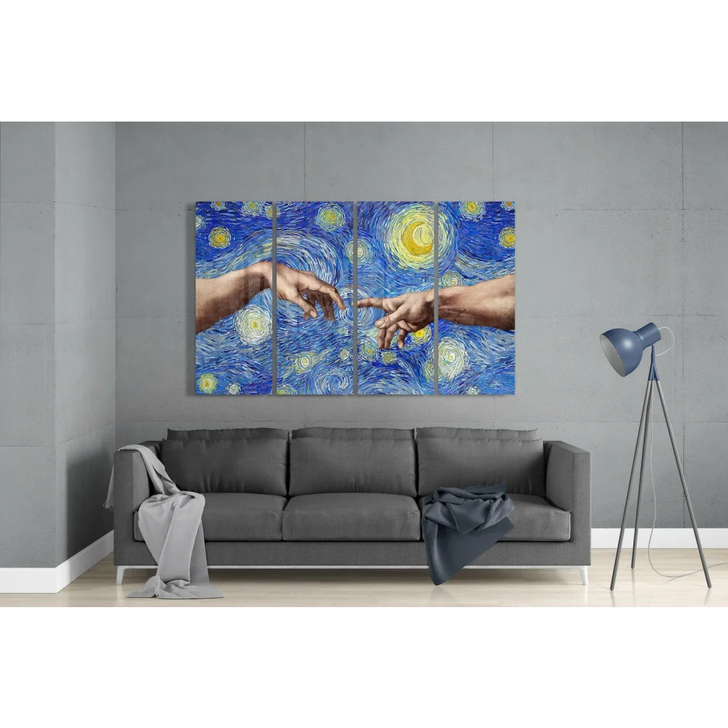 Vibrant Starry Night multi-panel wall art with swirling skies above gray sofa