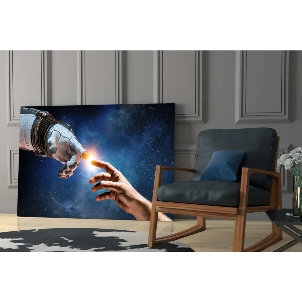 Robotic and human hands reaching in cosmic blue, glass wall art print