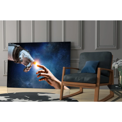 Robotic and human hands reaching in cosmic blue, glass wall art print