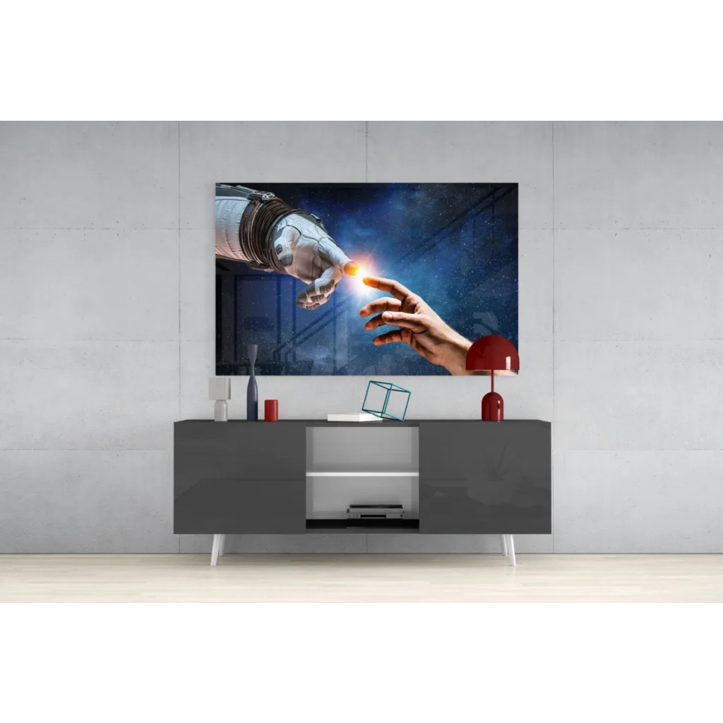 Sleek gray media console with white legs and open shelving for glass wall art