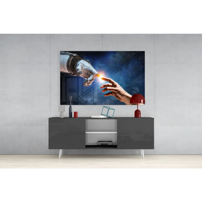 Sleek gray media console with white legs and open shelving for glass wall art