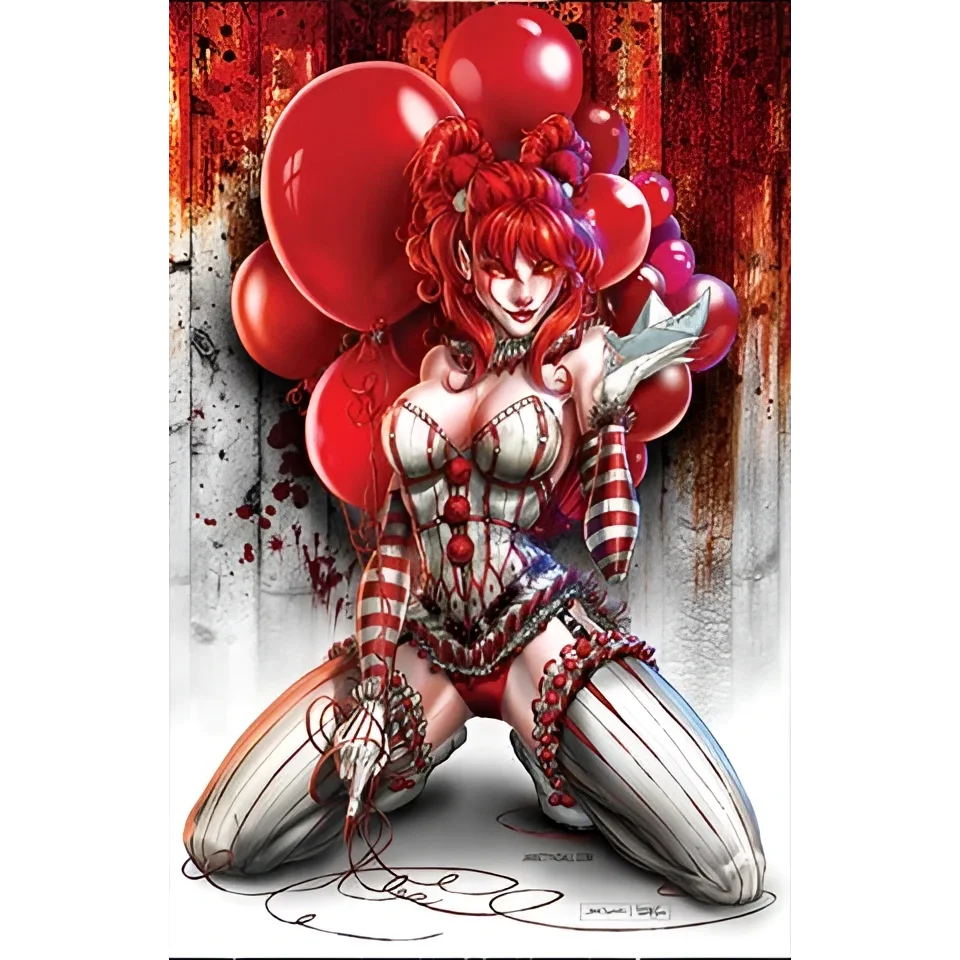 Creepy red-haired clown with blood-splattered striped outfit holding balloons on brushed aluminum print