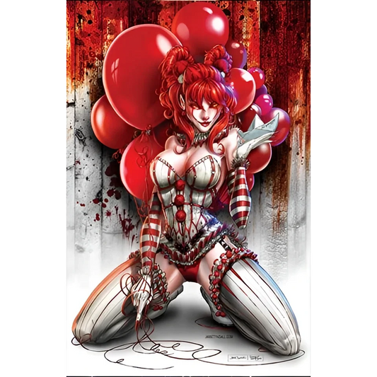 Creepy red-haired clown with blood-splattered striped outfit holding balloons on brushed aluminum print