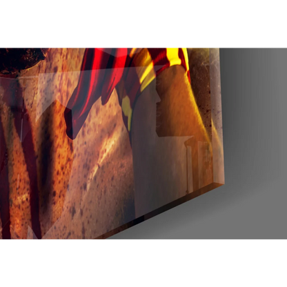 Vibrant superhero red yellow glass wall art print on glossy acrylic