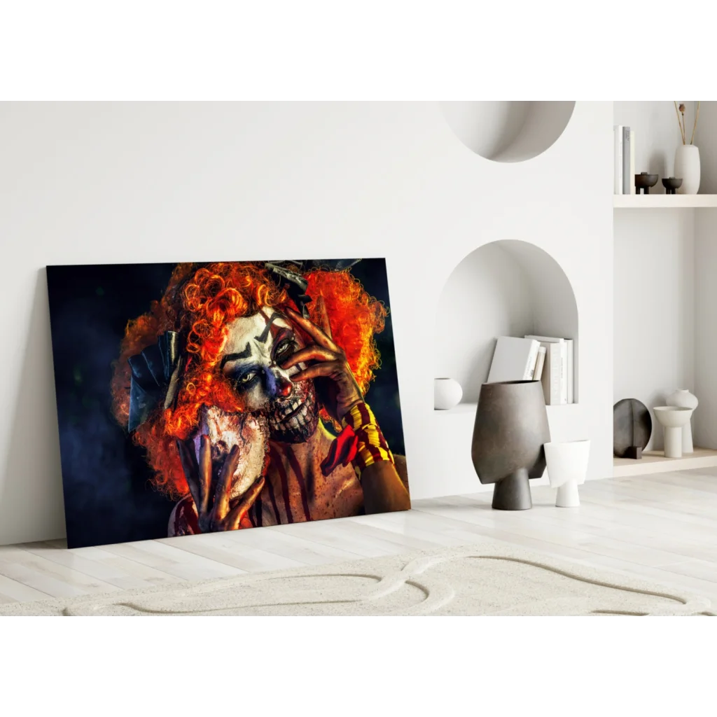 Creepy clown skull wall art print with orange curly hair on canvas