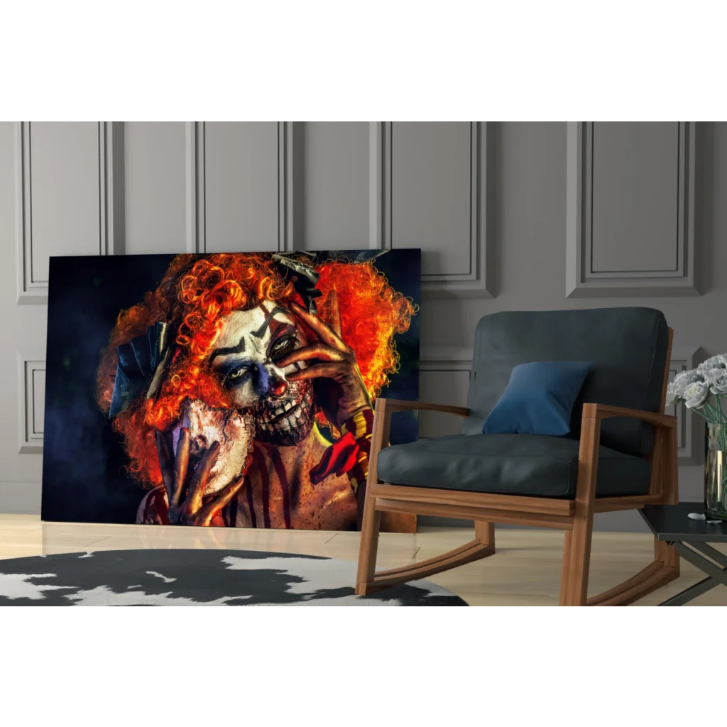 Creepy clown skull canvas wall art with vibrant orange fiery curls