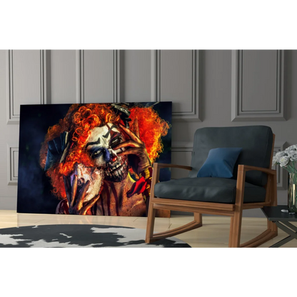 Creepy clown skull canvas wall art with vibrant orange fiery curls
