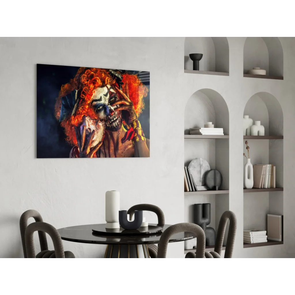 Creepy clown skull fiery orange black wall art canvas print