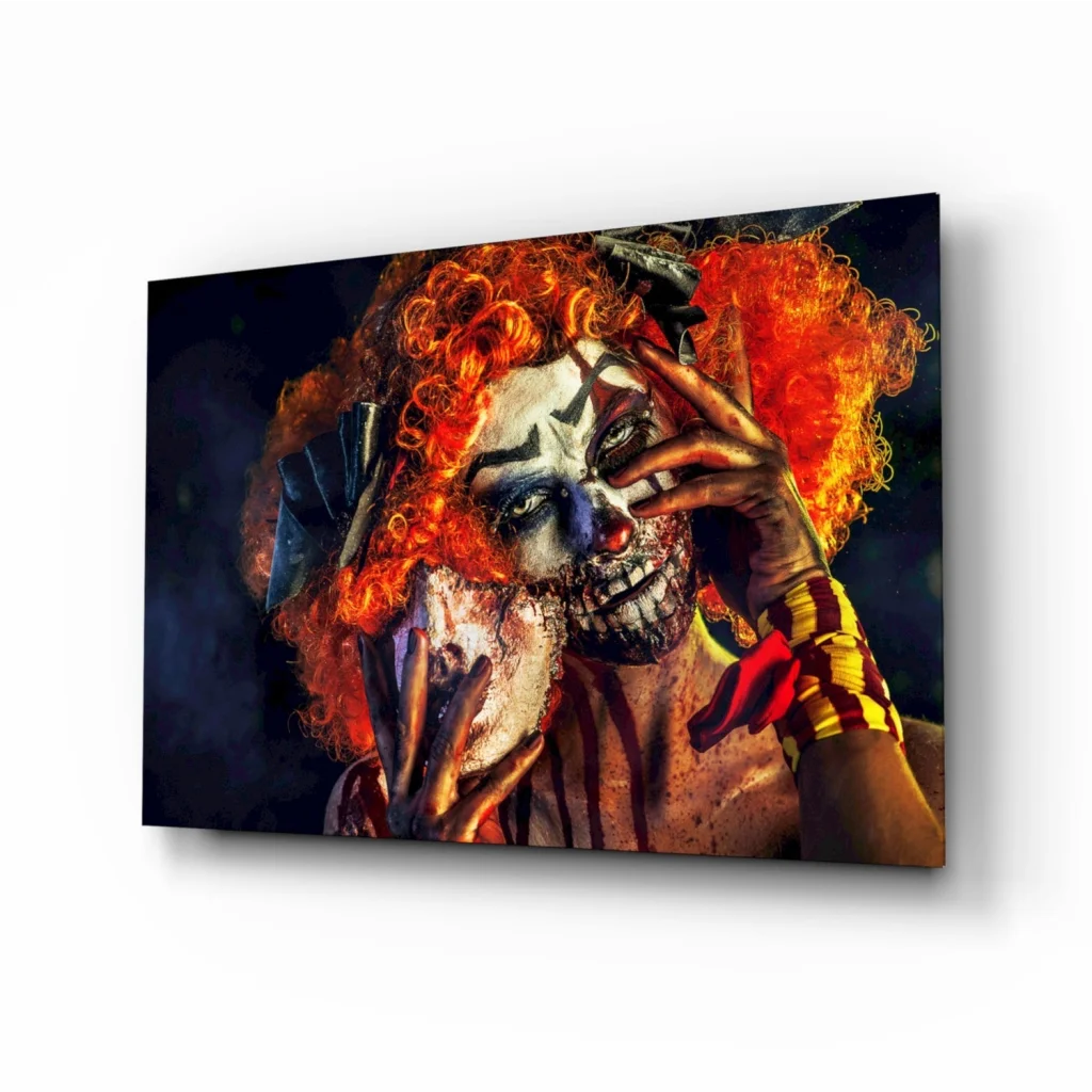 Creepy clown skull portrait with vibrant orange curly wig on canvas wall art