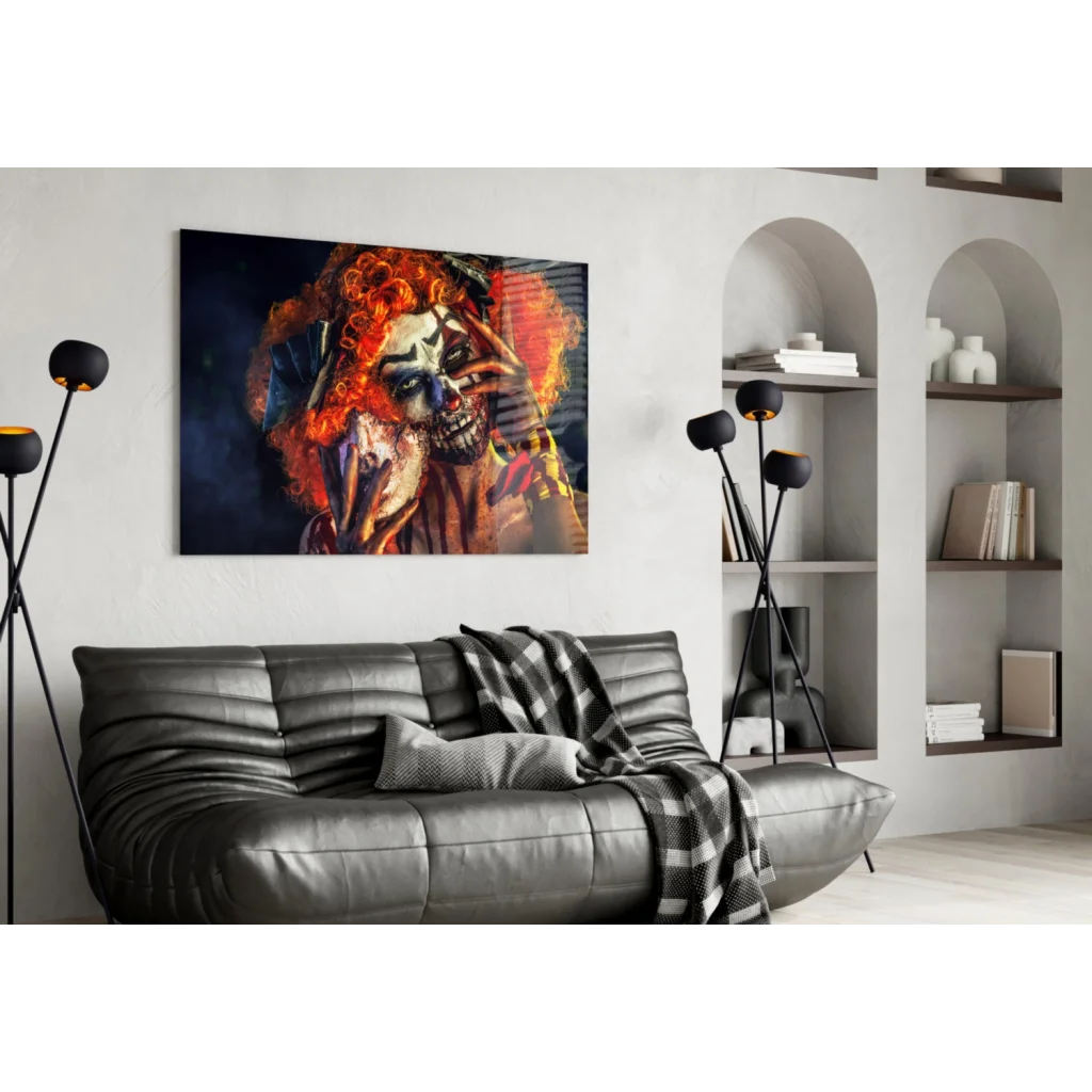 Creepy clown skull canvas wall art print, vibrant orange and black portrait on white wall
