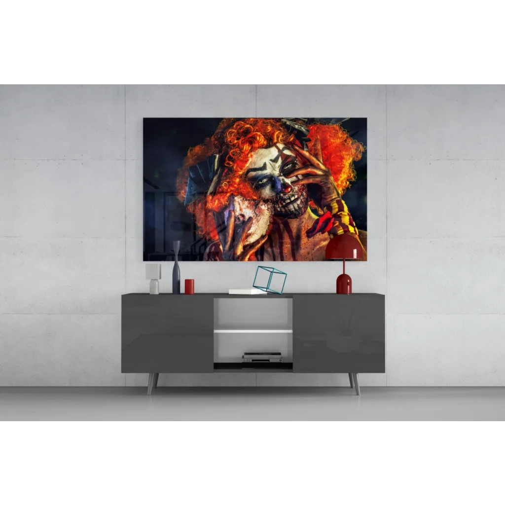 Creepy clown skull portrait in fiery orange and red wall art print