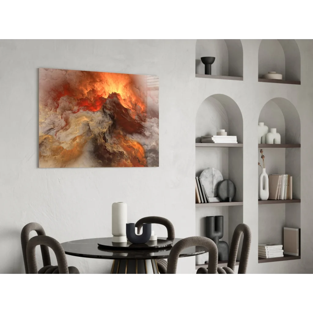 Vibrant abstract glass wall art with swirling orange, red, and beige hues