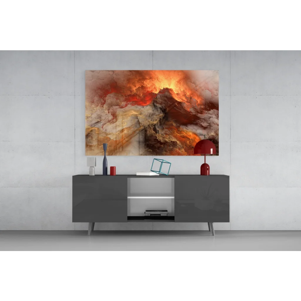 Vibrant abstract glass wall art with swirling orange, red, and cream clouds