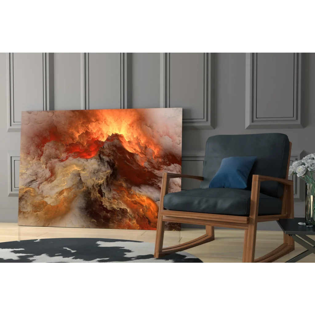 Vibrant abstract glass wall art in swirling orange, red, and cream hues