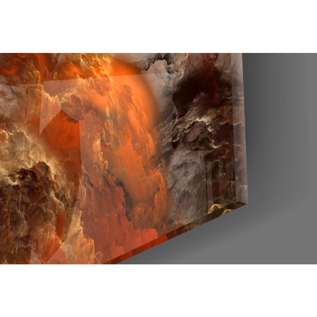 Vibrant orange and gray abstract glass wall art with glossy 3D texture