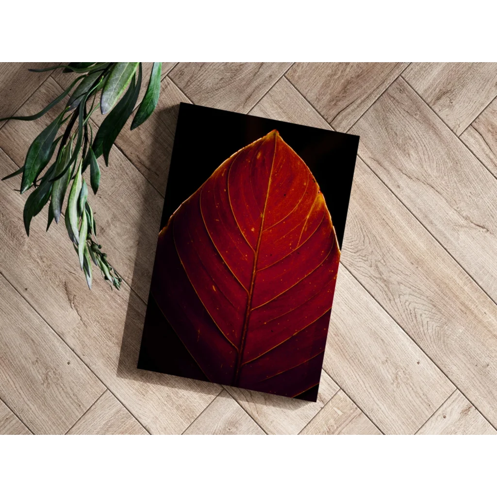Crimson Leaf with Golden Veins Aluminum Print | Modern Wall Art Decor | vintageantiquesgifts.com