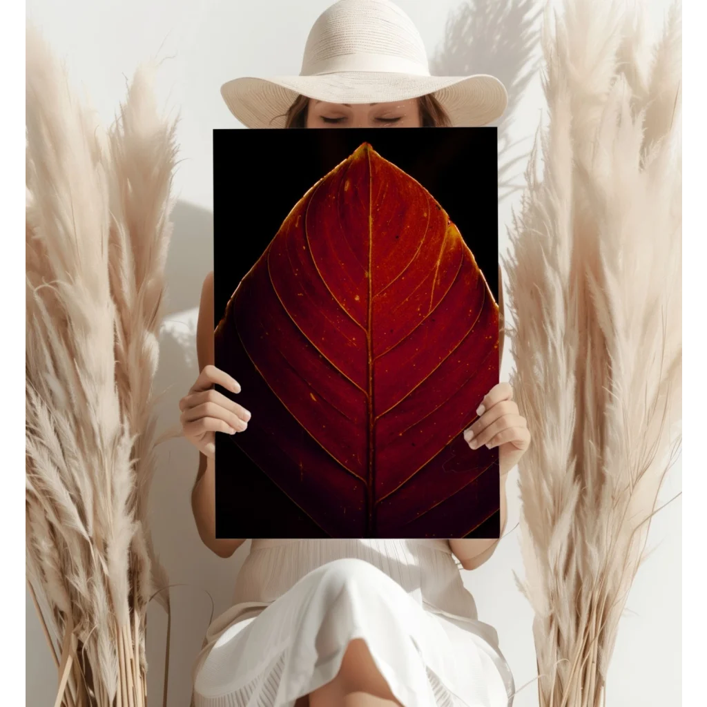 Crimson Leaf with Golden Veins Aluminum Print | Contemporary Home Wall Art | vintageantiquesgifts.com