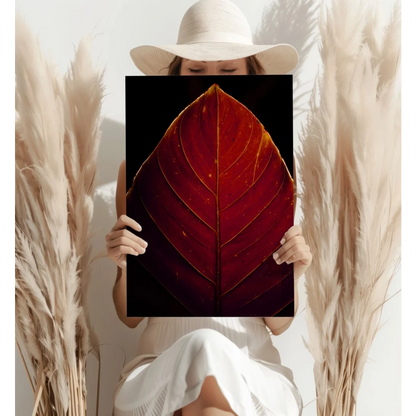 Crimson Leaf with Golden Veins Aluminum Print | Contemporary Home Wall Art | vintageantiquesgifts.com
