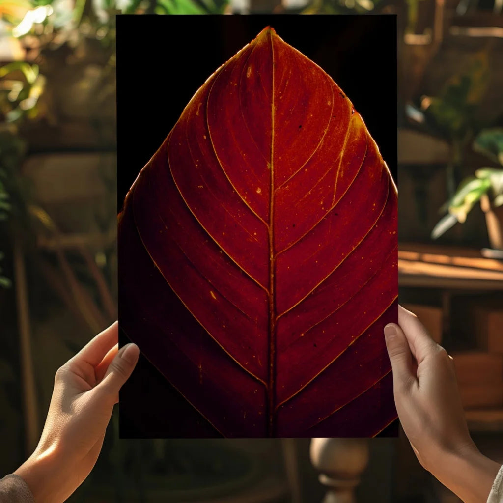 Close-up of crimson leaf with golden veins on aluminum print