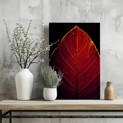 Crimson Leaf with Golden Veins Aluminum Print | Glass Wall Art Print | vintageantiquesgifts.com
