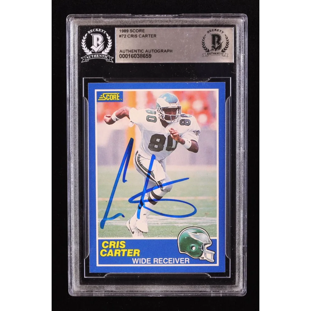 Cris Carter signed 1989 Score rookie football card graded by Beckett in protective case