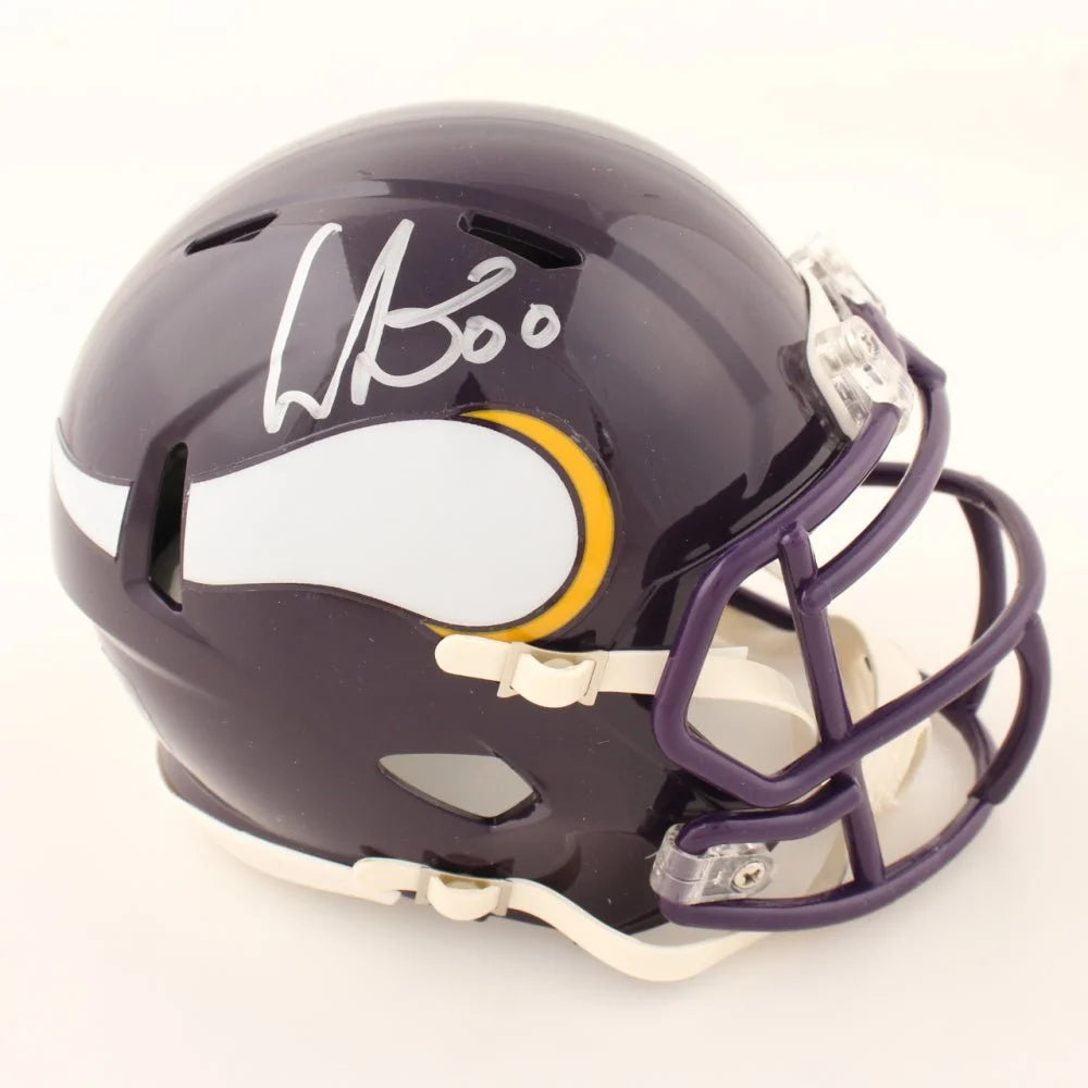 Purple Minnesota Vikings throwback speed mini helmet with autograph and Vikings throwback speed design