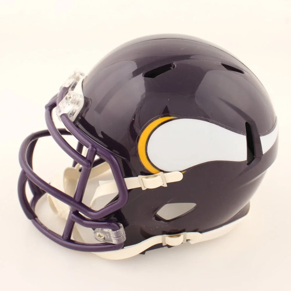 Purple and white Vikings throwback speed mini helmet with yellow accent, signed by Cris Carter