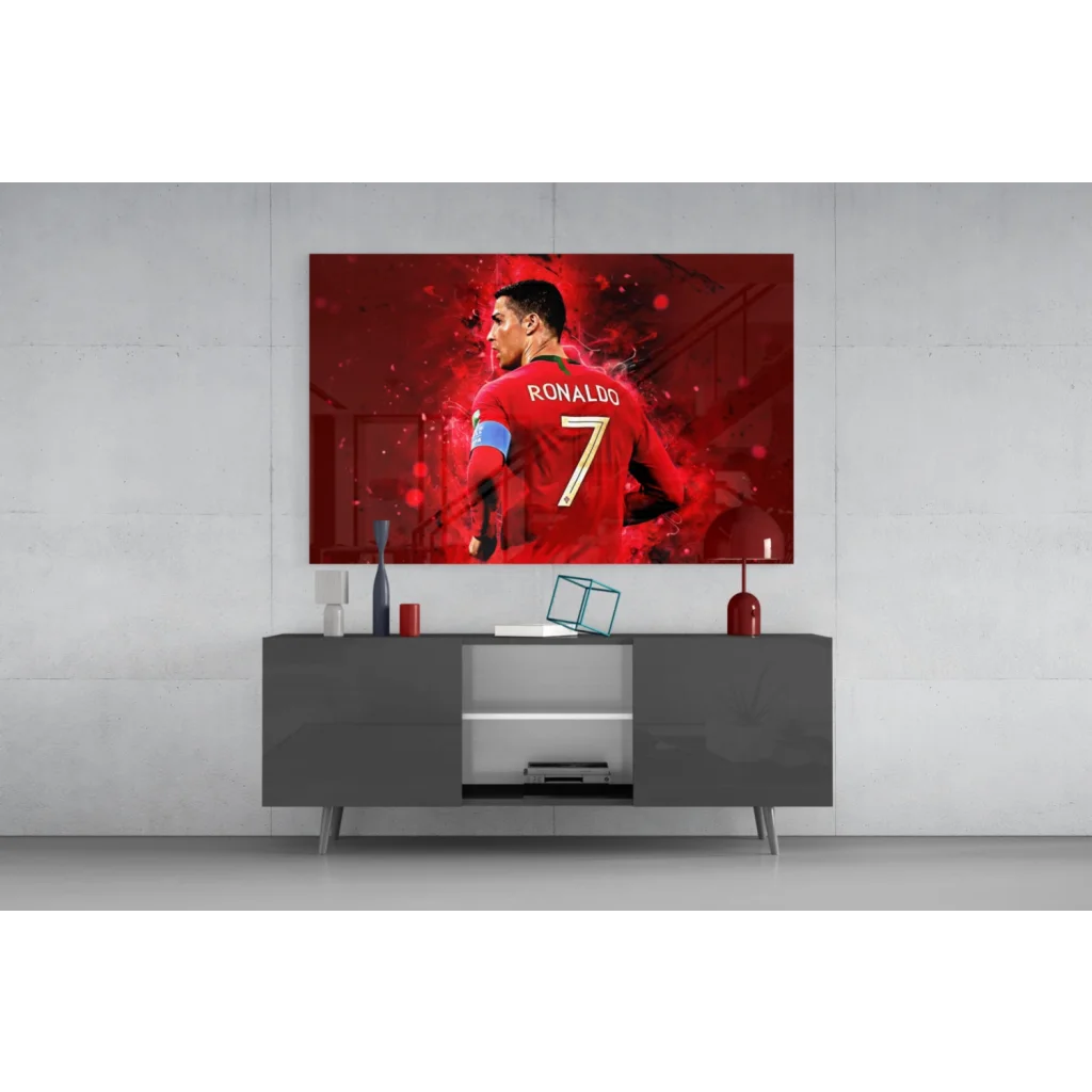 Cristiano Ronaldo red jersey glass wall art on 4K UHD TV