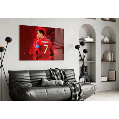 Cristiano Ronaldo red jersey wall art with red sofa and lamps