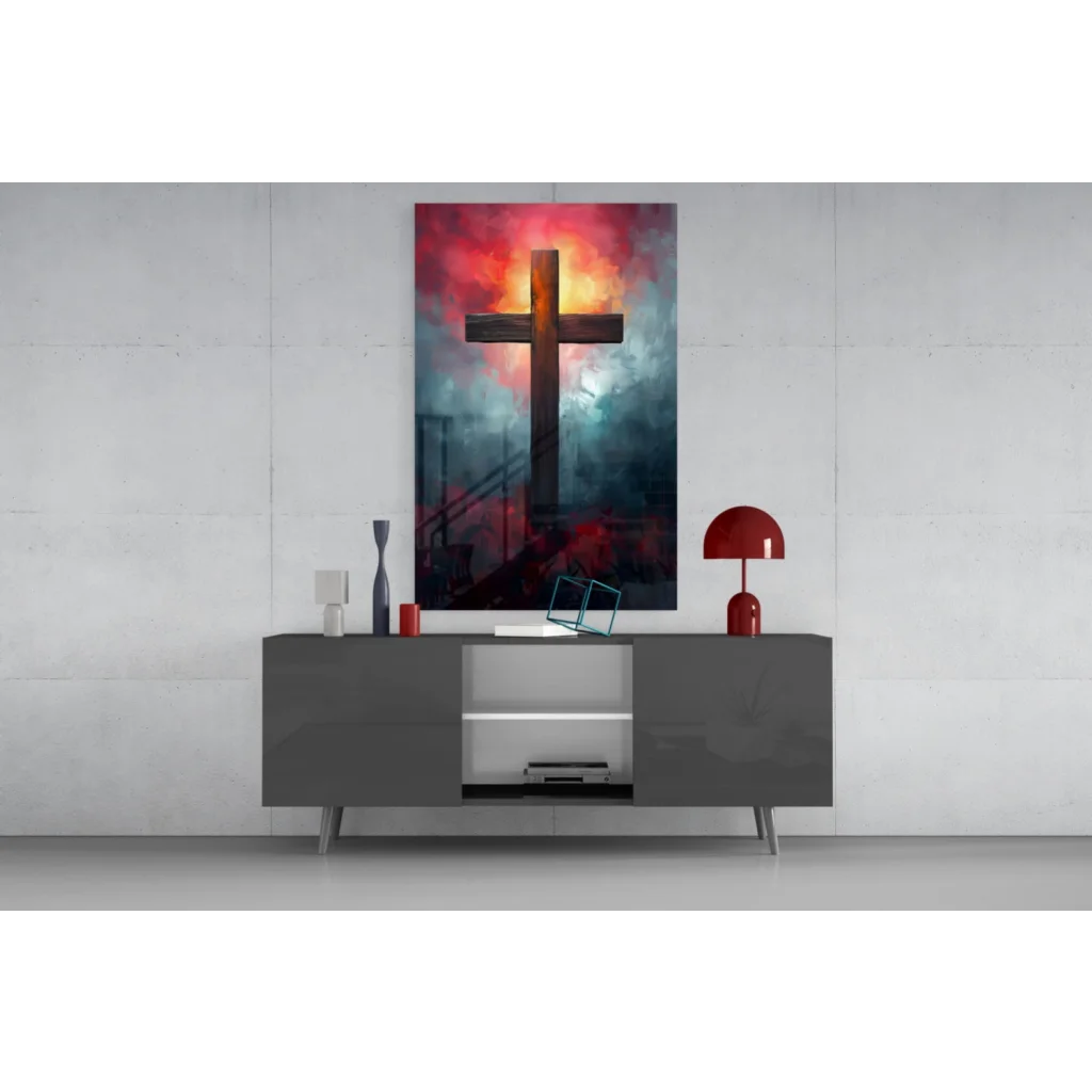 Fiery cross wall art canvas with sunset sky in reds and blues