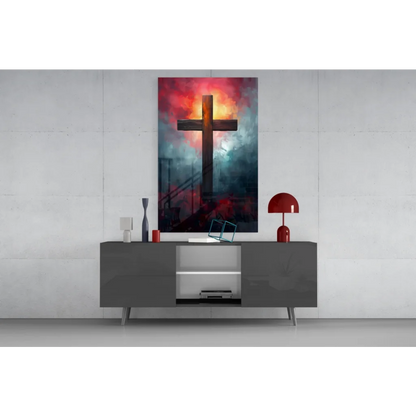 Fiery cross wall art canvas with sunset sky in reds and blues