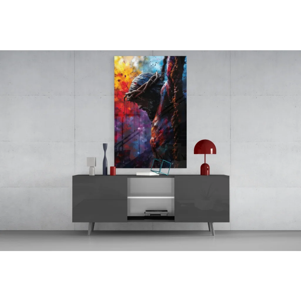 Vibrant fiery abstract figure in chains on glass wall art