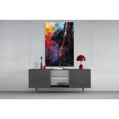 Vibrant fiery abstract figure in chains on glass wall art