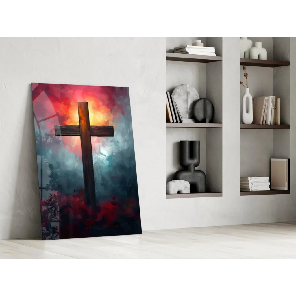 Fiery cross wall art canvas with dramatic sunset sky