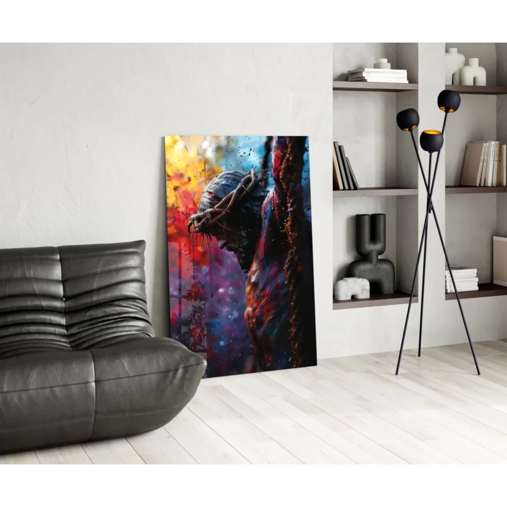 Vibrant fiery abstract figure in crown of thorns on cosmic glass wall art