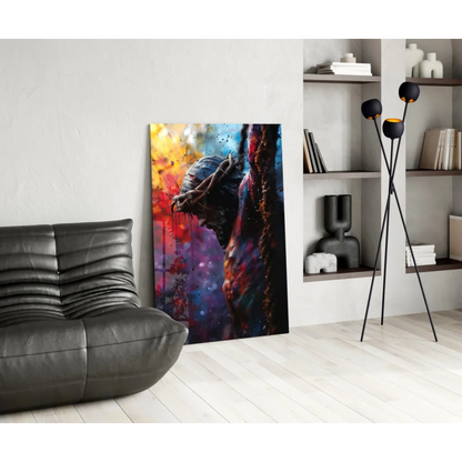 Vibrant fiery abstract figure in crown of thorns on cosmic glass wall art