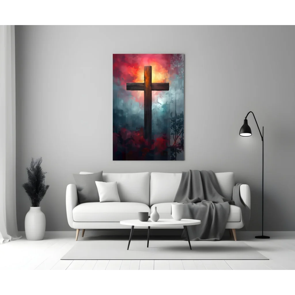 Fiery Cross Wall Art with Dramatic Sunset Sky Canvas | Modern Wall Art Decor | vintageantiquesgifts.com