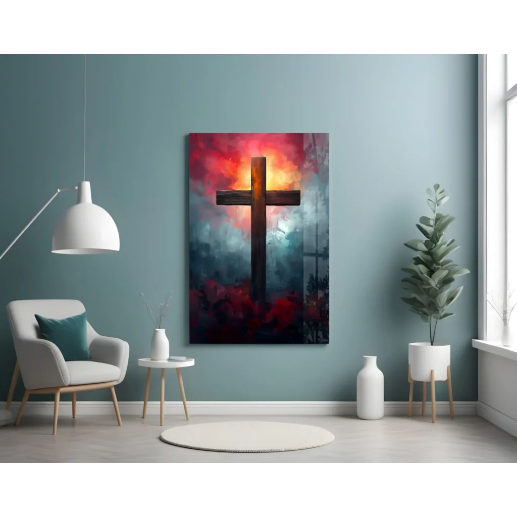 Fiery Cross Wall Art with Dramatic Sunset Sky Canvas | Contemporary Home Wall Art | vintageantiquesgifts.com