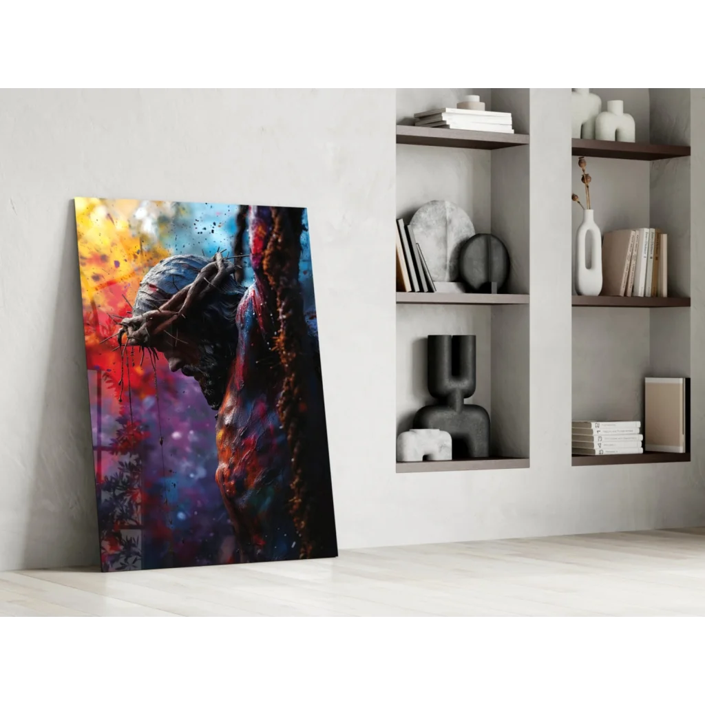 Fiery crucifixion figure in red orange blue on glass wall art