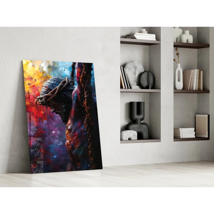 Fiery crucifixion figure in red orange blue on glass wall art