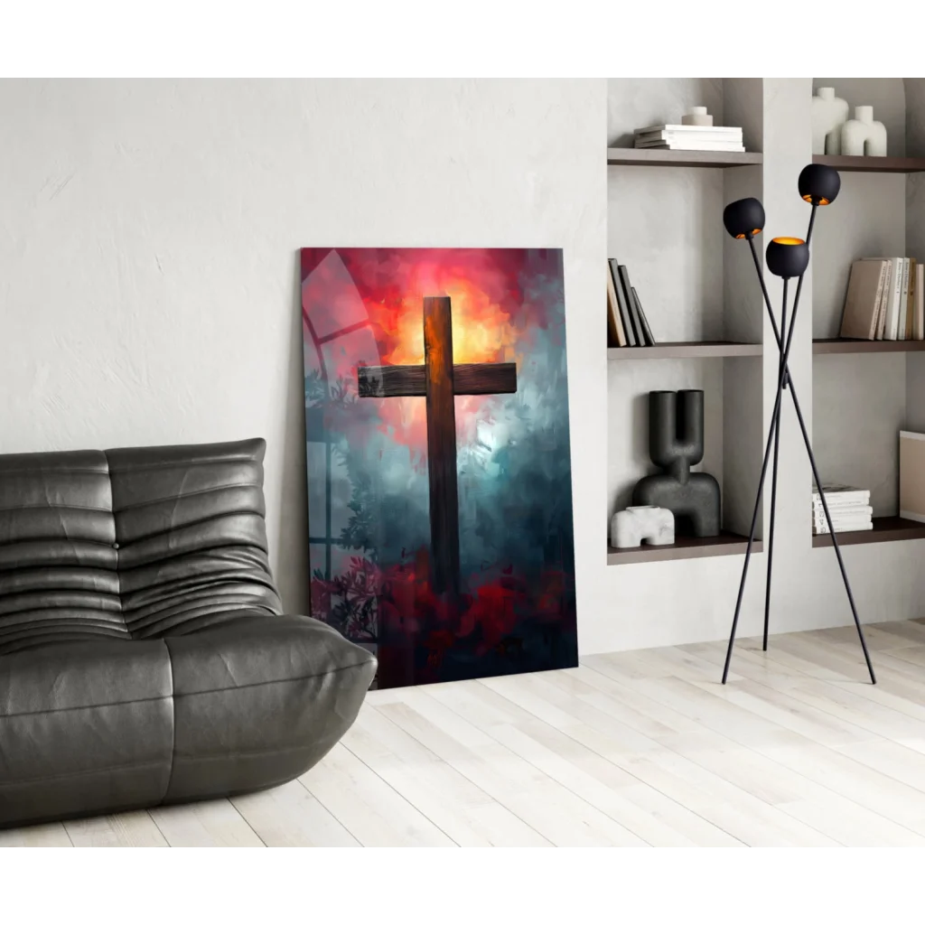 Vibrant fiery cross wall art canvas with dramatic sunset sky