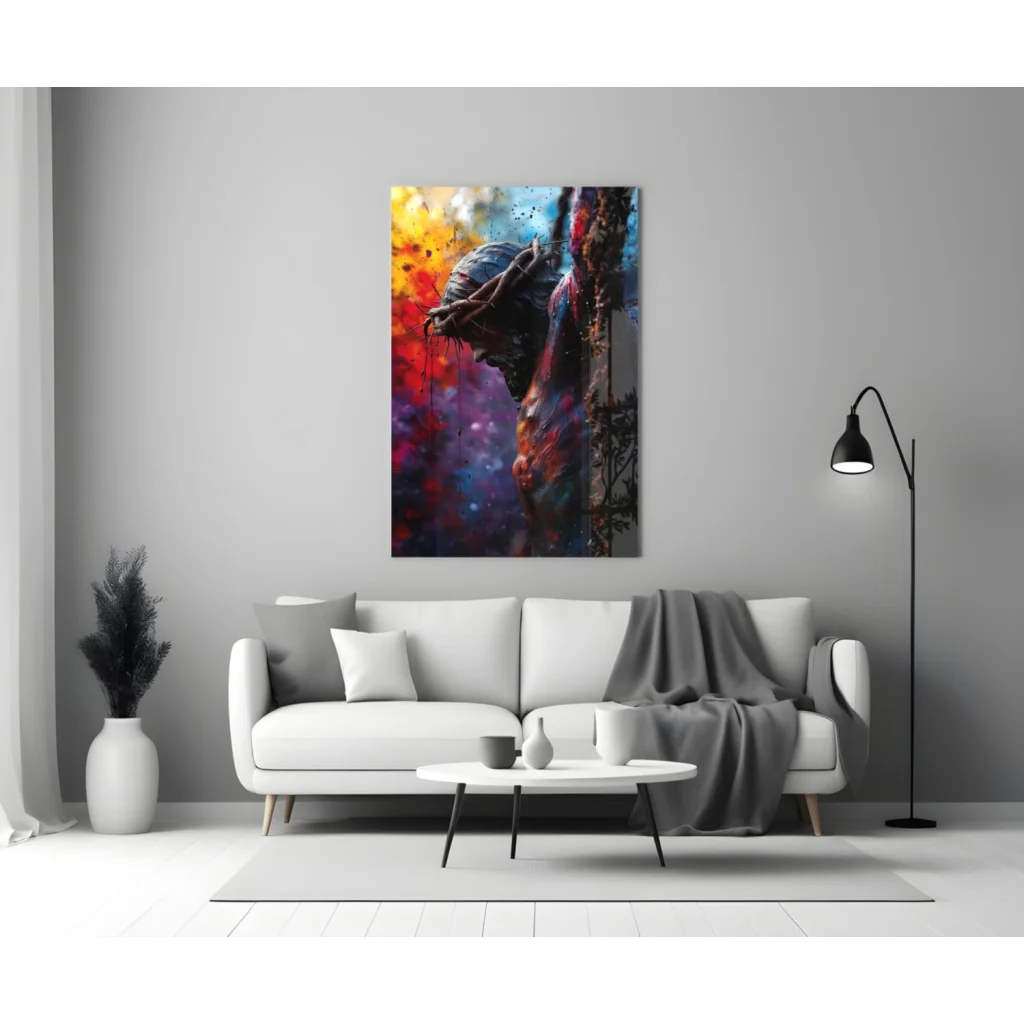 Fiery Abstract Figure Glass Wall Art with Bold Splattered Colors | Modern Wall Art Decor | vintageantiquesgifts.com