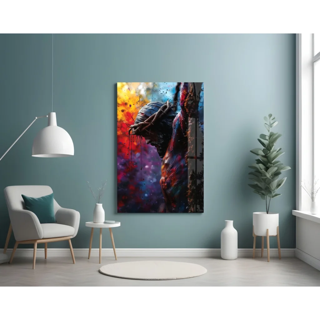 Fiery Abstract Figure Glass Wall Art with Bold Splattered Colors | Contemporary Home Wall Art | vintageantiquesgifts.com